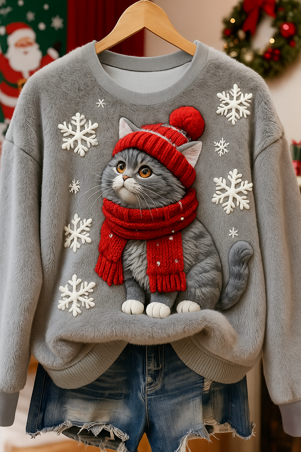 Maglione in flanella da donna con gattino di Natale