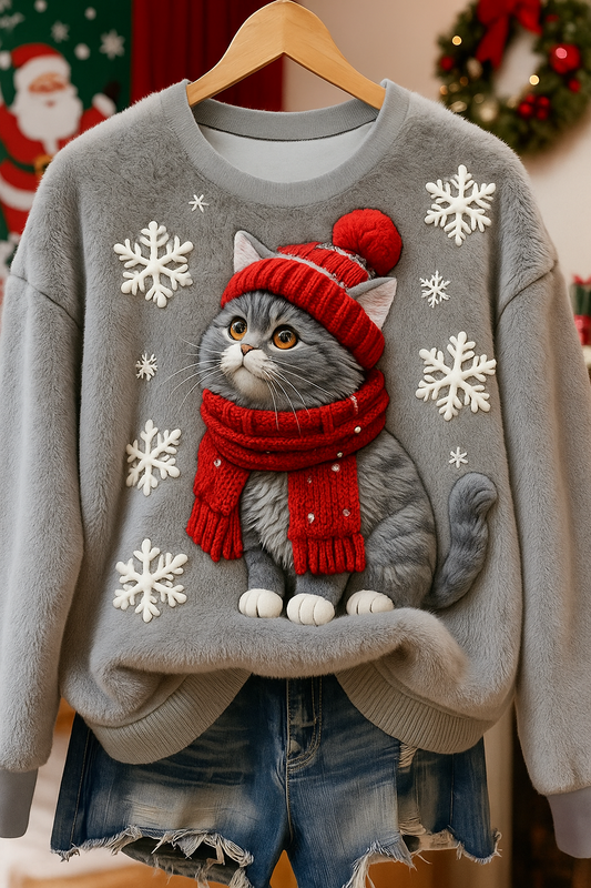 Maglione in flanella da donna con gattino di Natale